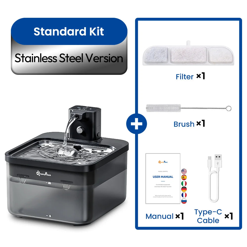 KILUKIN Wireless Stainless Steel Cat Water Fountain (2.5L)