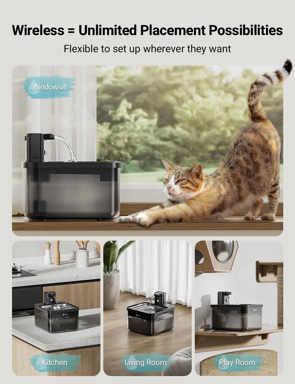 KILUKIN Wireless Stainless Steel Cat Water Fountain (2.5L)